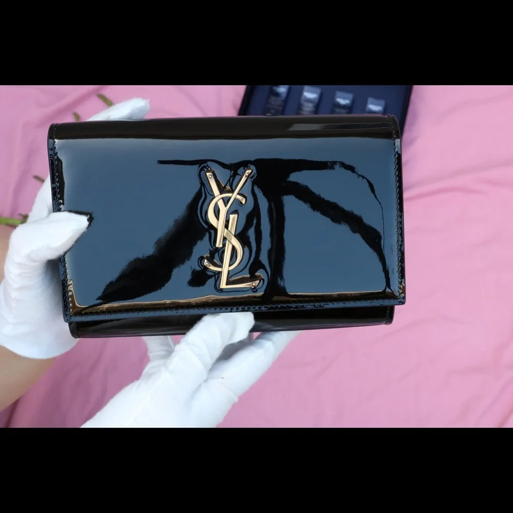 Yves Saint Laurent Black Patent Leather Monogram Clutch with Gold Hardware - Picture 3 of 7